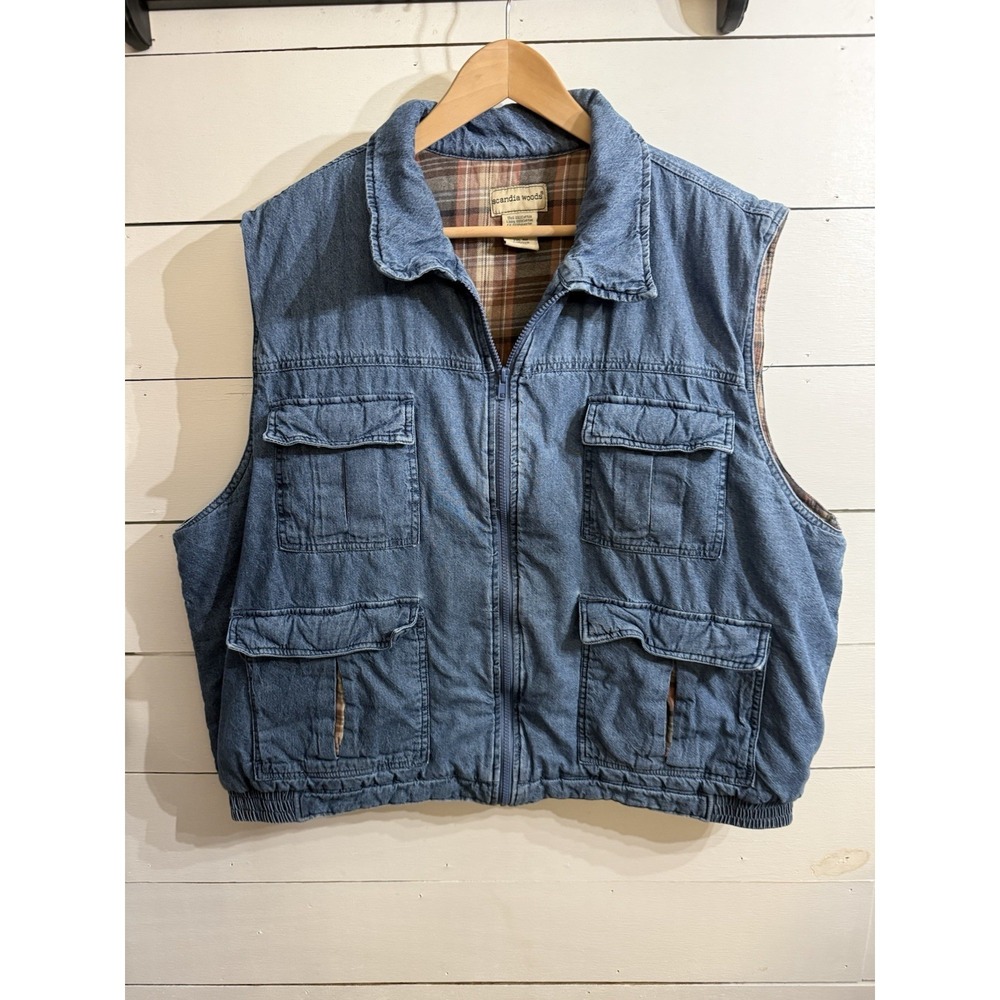 VTG Scandia‎ Woods Denim Blue Puffer Vest Men Size 2XL Flannel Lining Gorpcore
